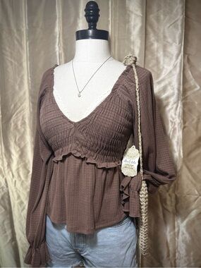 NWT Altar'd State Chocolate Brown Smocked V-Neck Peplum Tunic